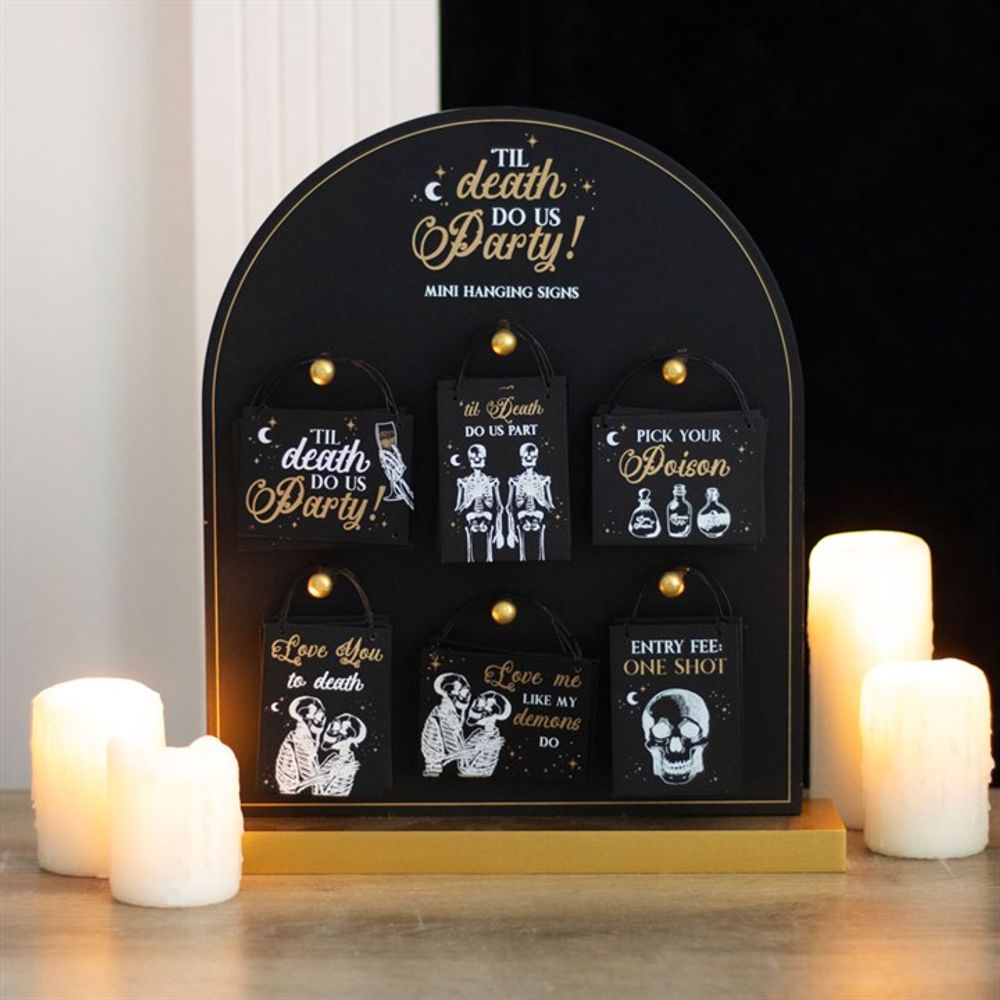 Set of 36 Til Death Do Us Party Mini Signs on Display