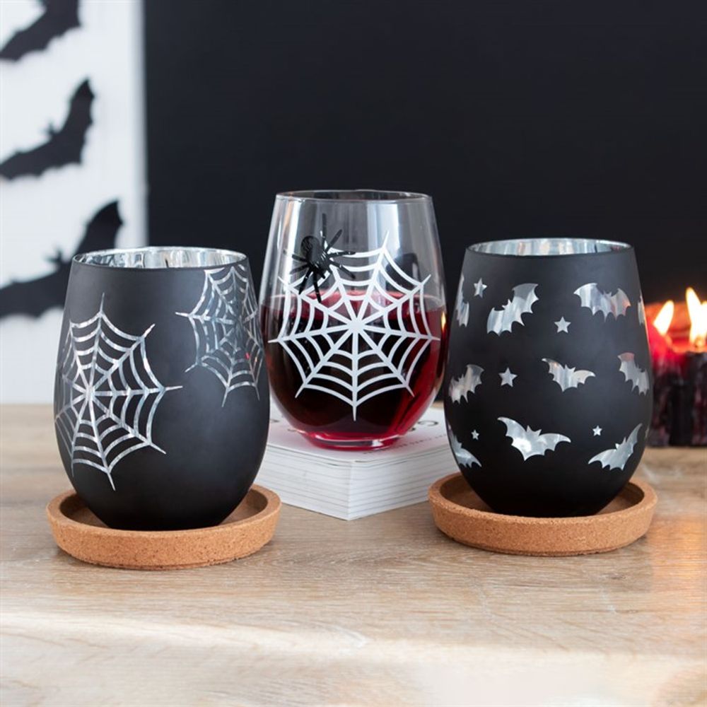 Set of 2 Spider and Web Stemless Wine Glasses