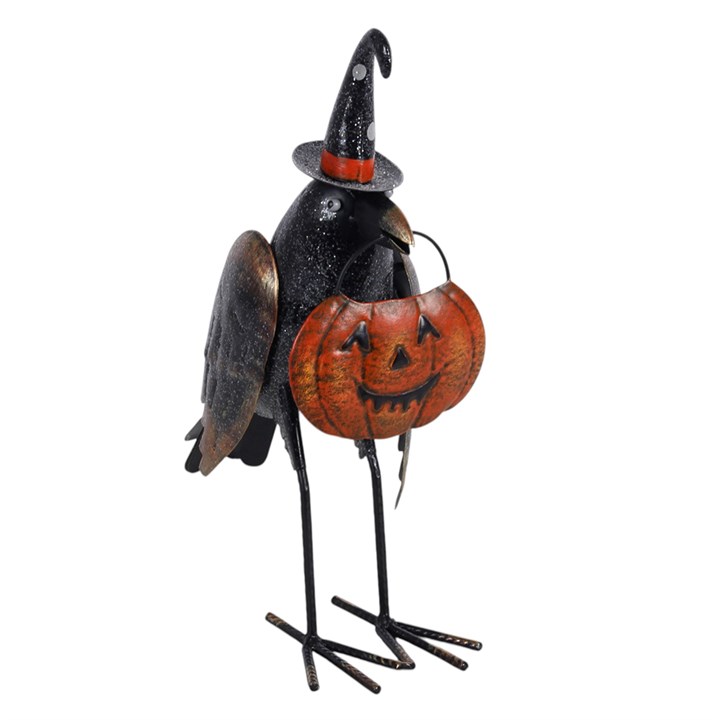 Metal Glitter Raven Ornament with Pumpkin - Image 2