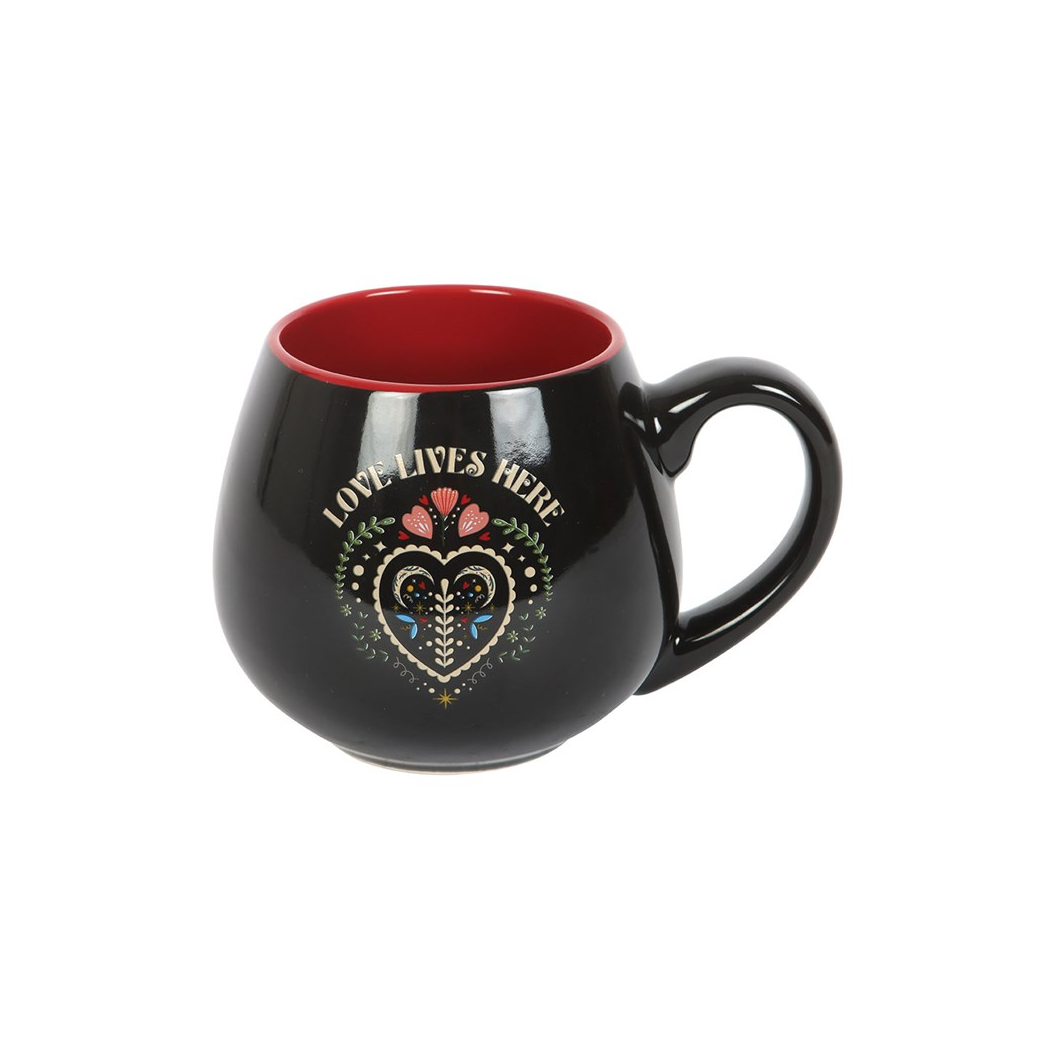 Love Lives Here Folk Heart Rounded Mug - Image 4